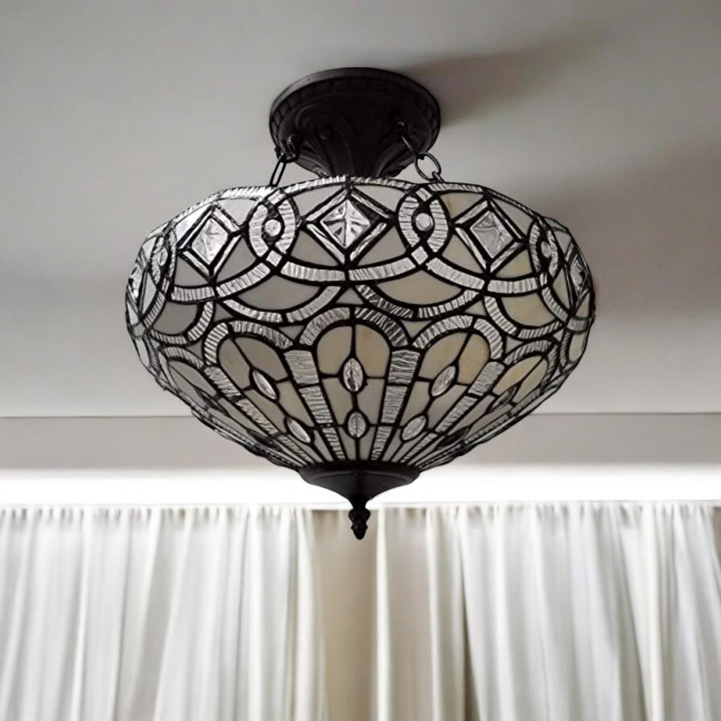 Black & Gray Tiffany Style 2 Light Glass Dimmable Semi Flush Ceiling Light