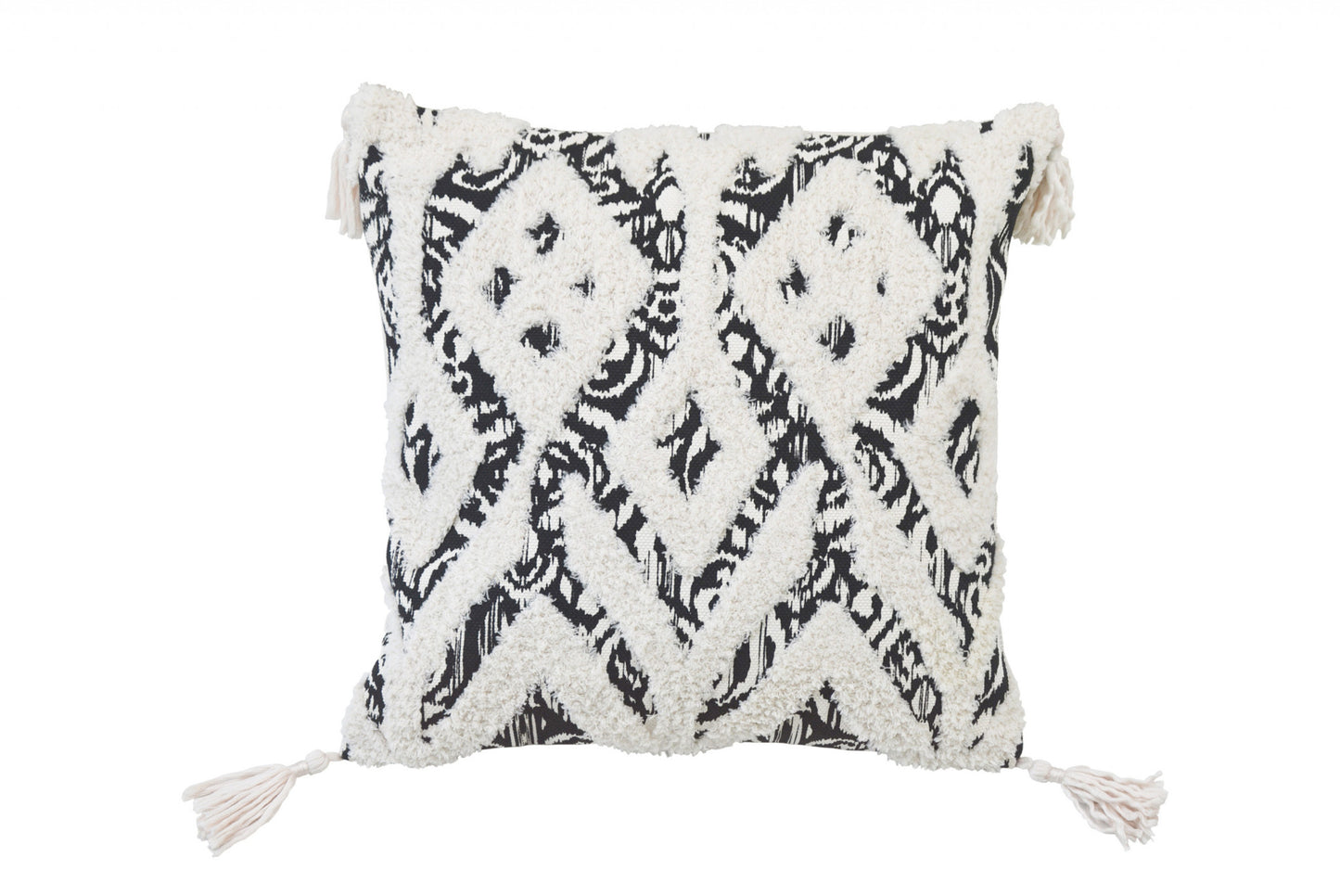Black & White Ikat & Cotton Blend Pillow w/ Tassels