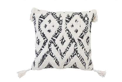Black & White Ikat & Cotton Blend Pillow w/ Tassels