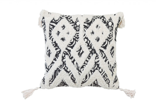 Black & White Ikat & Cotton Blend Pillow w/ Tassels