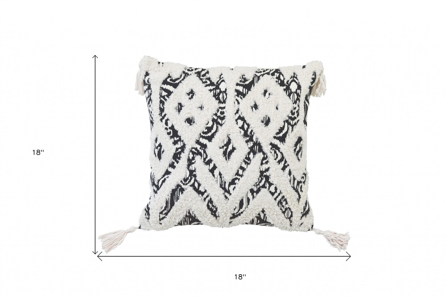 Black & White Ikat & Cotton Blend Pillow w/ Tassels