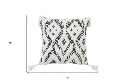 Black & White Ikat & Cotton Blend Pillow w/ Tassels