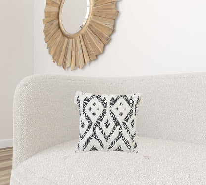 Black & White Ikat & Cotton Blend Pillow w/ Tassels
