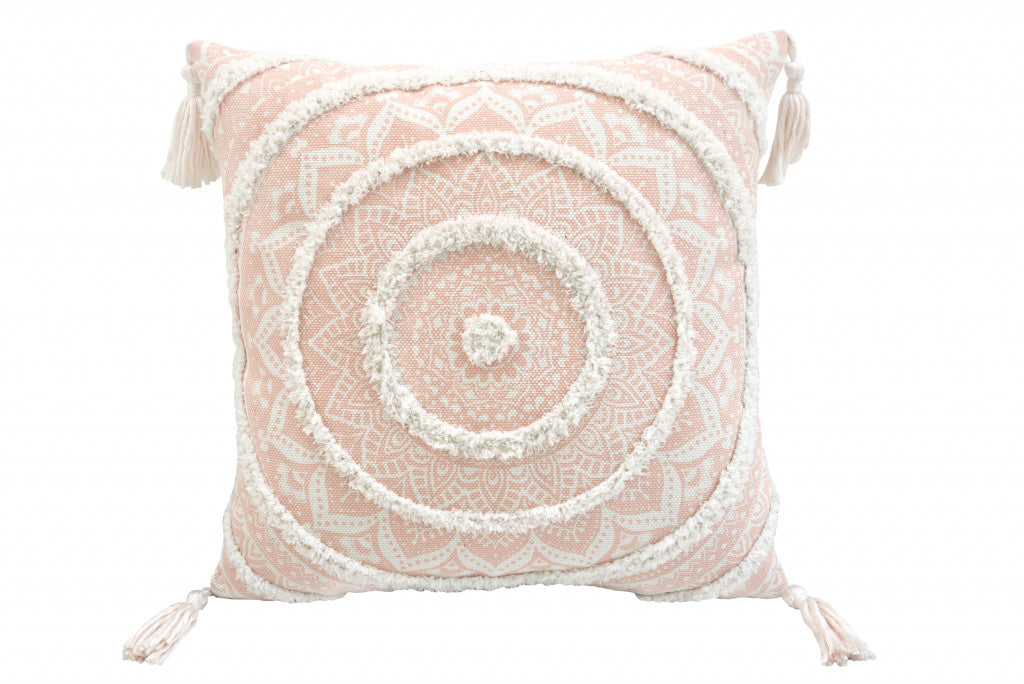 Peach & White Geometric & Cotton Blend Pillow w/ Tassels