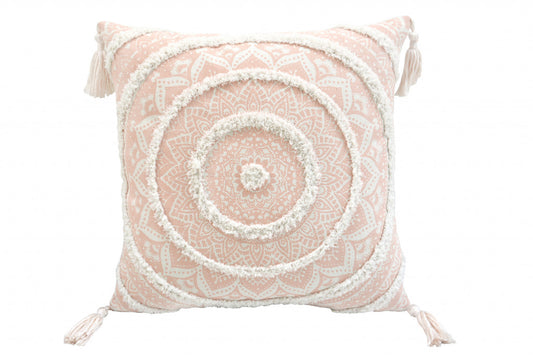 Peach & White Geometric & Cotton Blend Pillow w/ Tassels