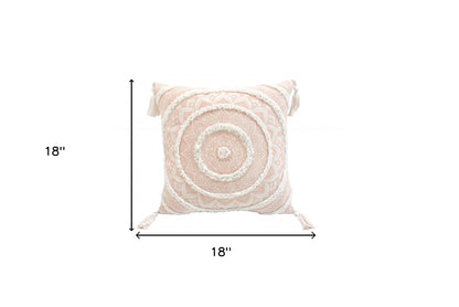 Peach & White Geometric & Cotton Blend Pillow w/ Tassels