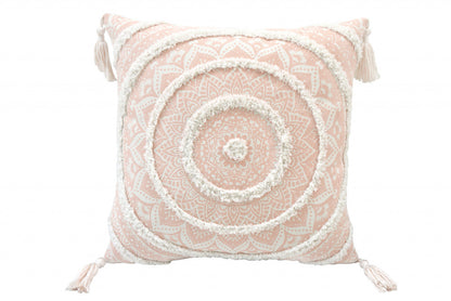 Peach & White Geometric & Cotton Blend Pillow w/ Tassels