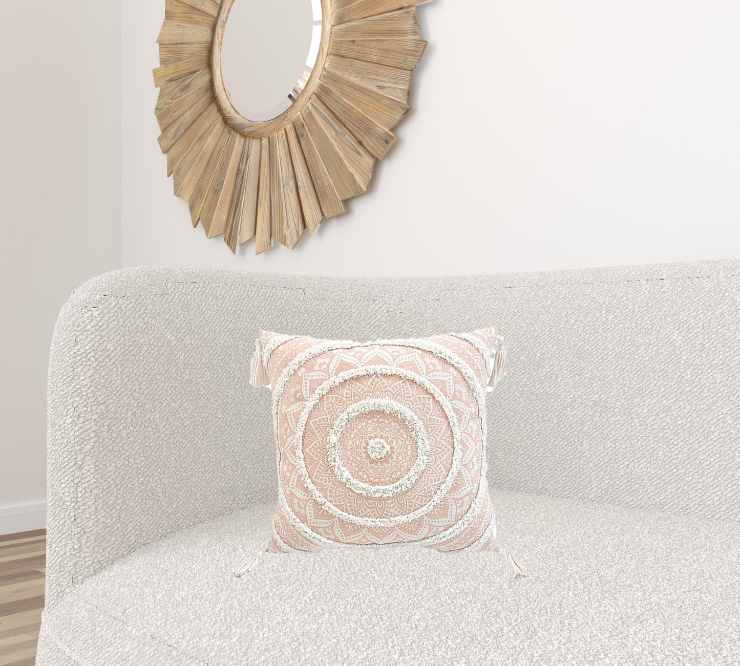 Peach & White Geometric & Cotton Blend Pillow w/ Tassels