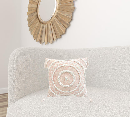Peach & White Geometric & Cotton Blend Pillow w/ Tassels