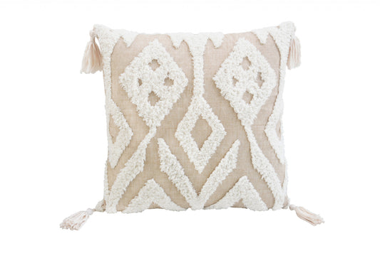 Beige & White Ikat Pillow w/ Tassels