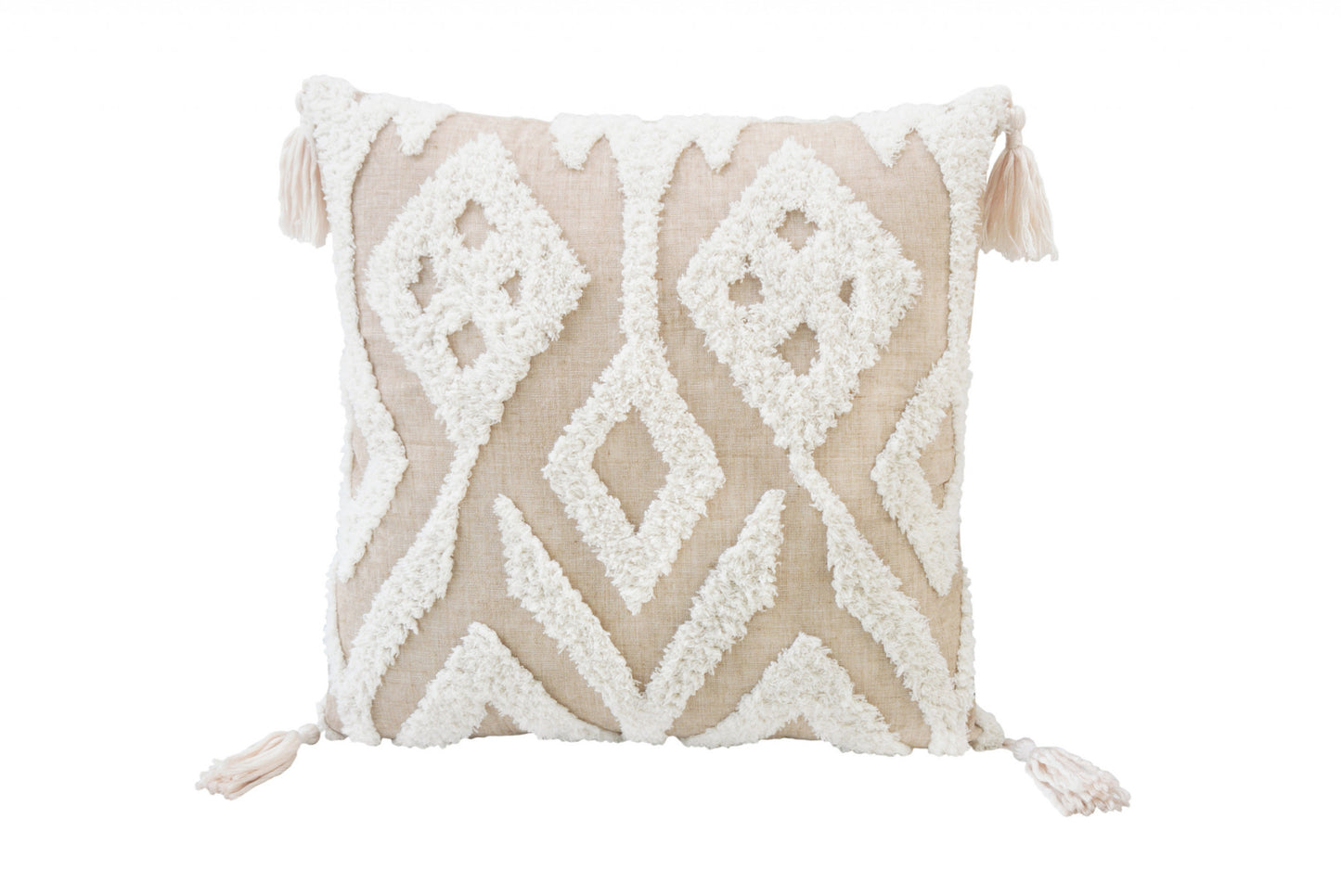 Beige & White Ikat Pillow w/ Tassels