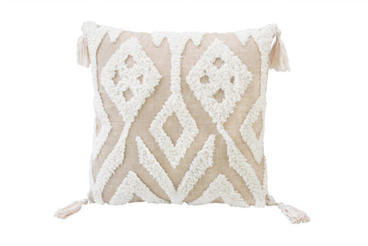 Beige & White Ikat Pillow w/ Tassels