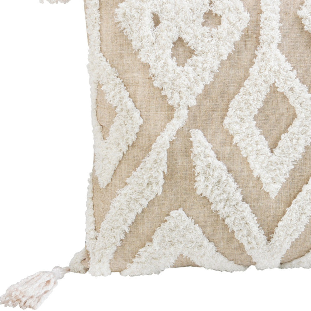 Beige & White Ikat Pillow w/ Tassels
