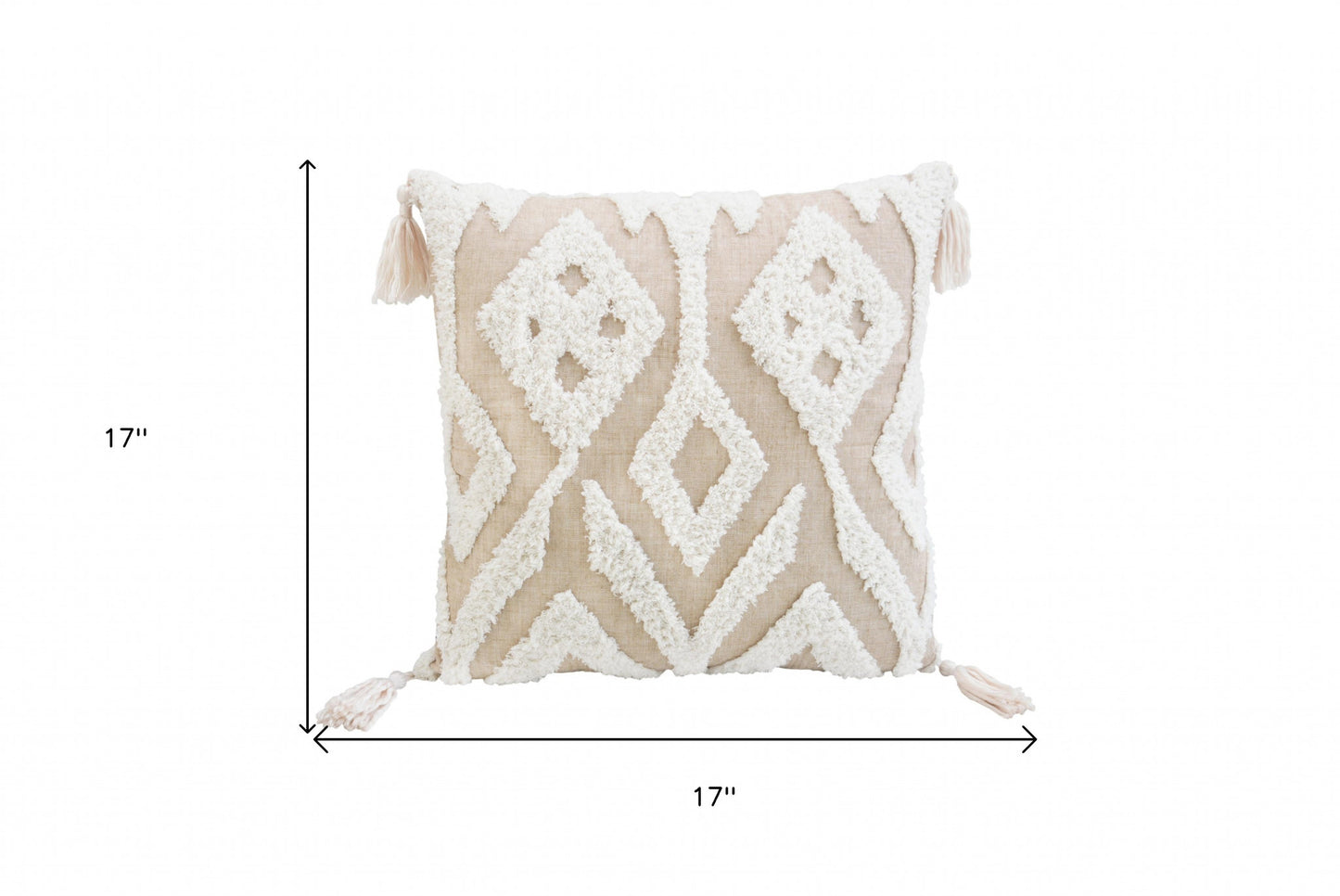 Beige & White Ikat Pillow w/ Tassels