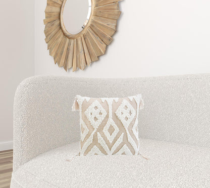 Beige & White Ikat Pillow w/ Tassels