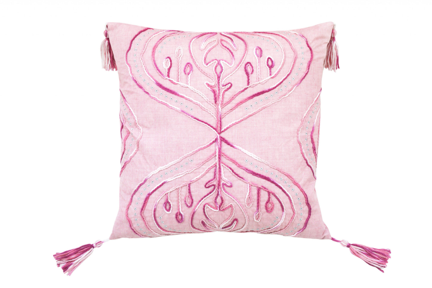 Pink White & Silver Abstract Pillow w/ Tassels