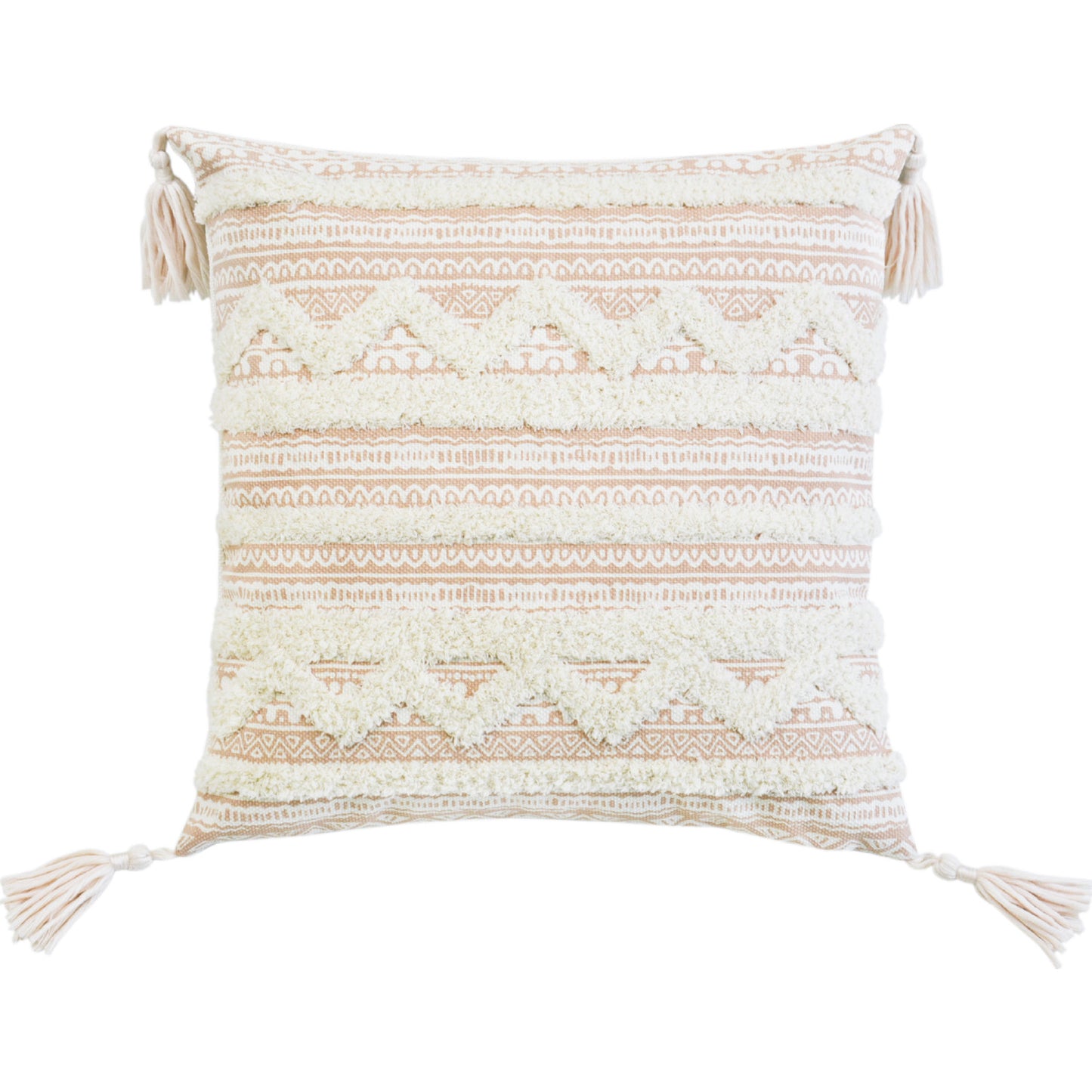 Beige & White Geometric & Cotton Blend Pillow w/ Tassels