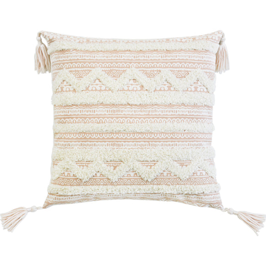 Beige & White Geometric & Cotton Blend Pillow w/ Tassels