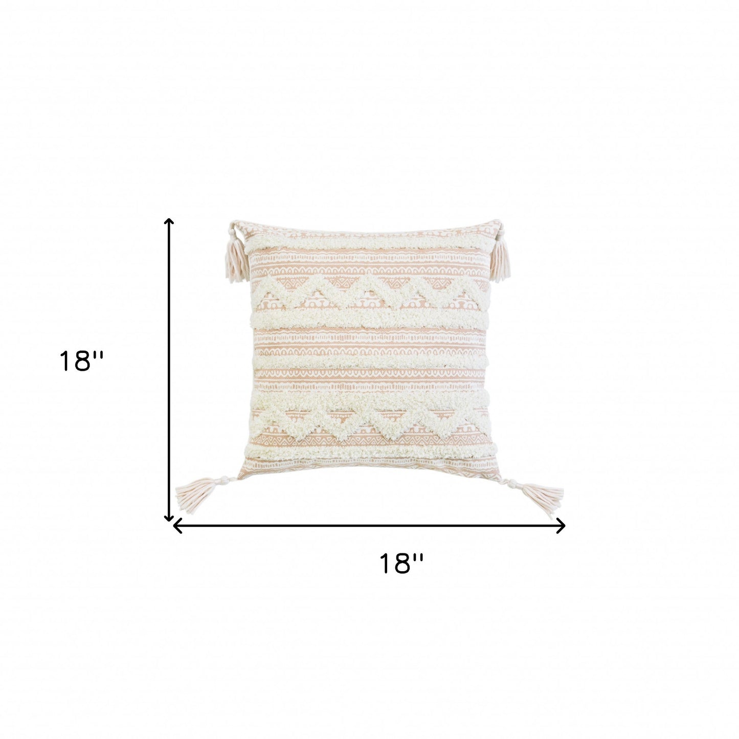 Beige & White Geometric & Cotton Blend Pillow w/ Tassels