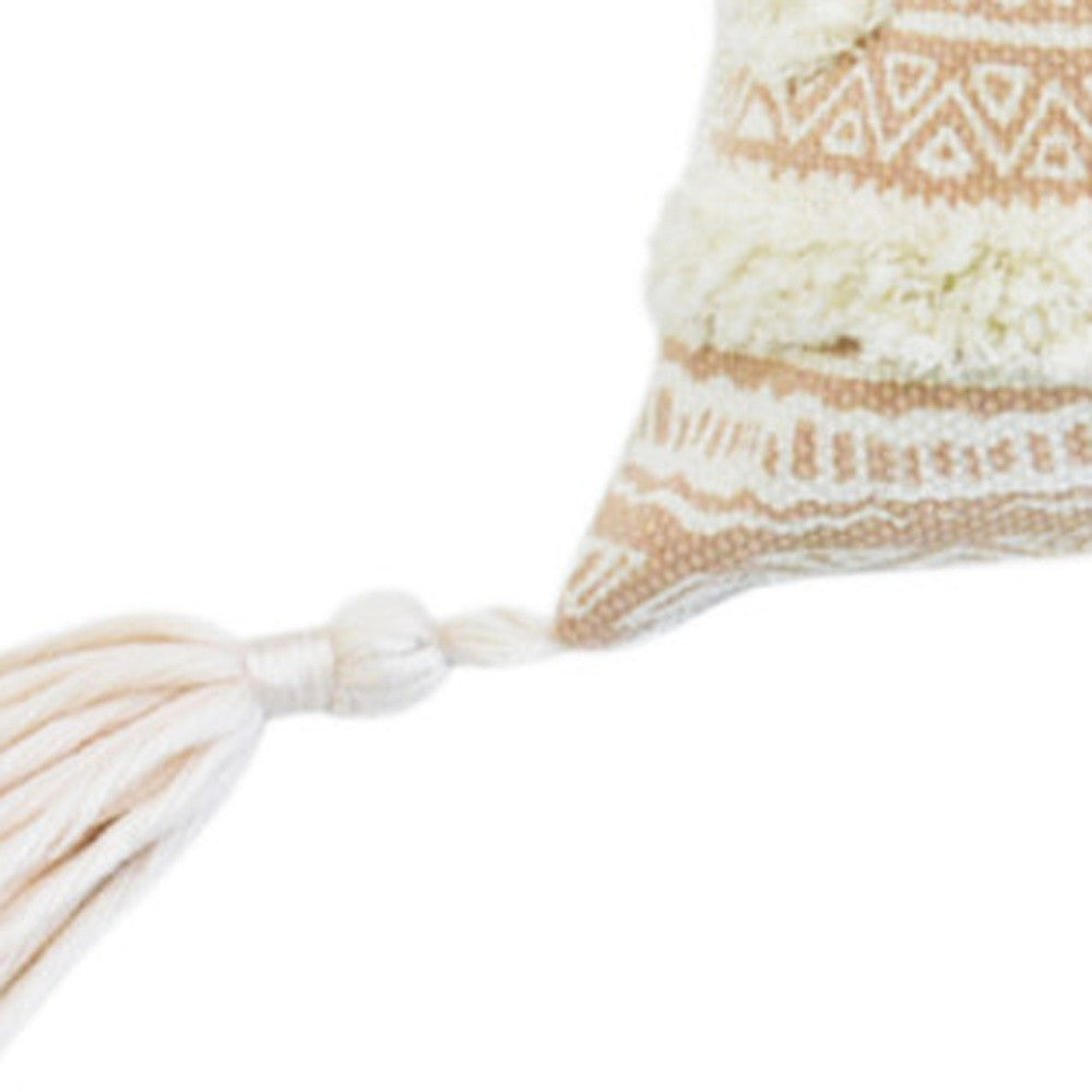 Beige & White Geometric & Cotton Blend Pillow w/ Tassels