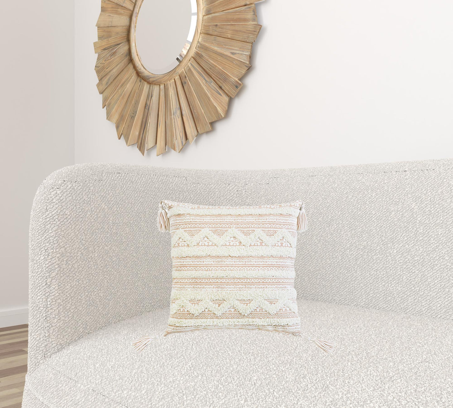 Beige & White Geometric & Cotton Blend Pillow w/ Tassels