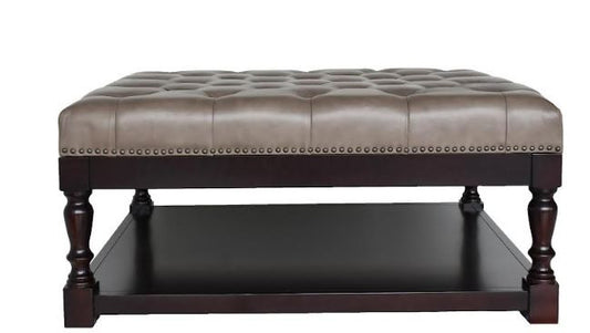 Gray & Dark Brown Leather & Solid Wood Coffee Table