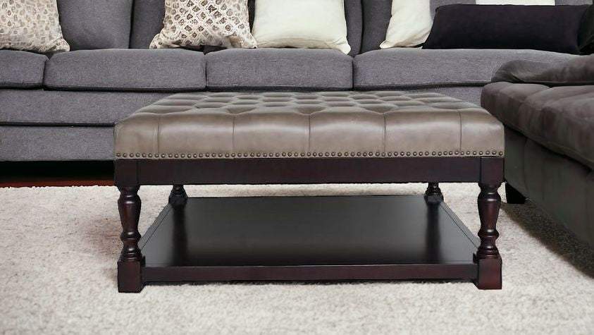 Gray & Dark Brown Leather & Solid Wood Coffee Table
