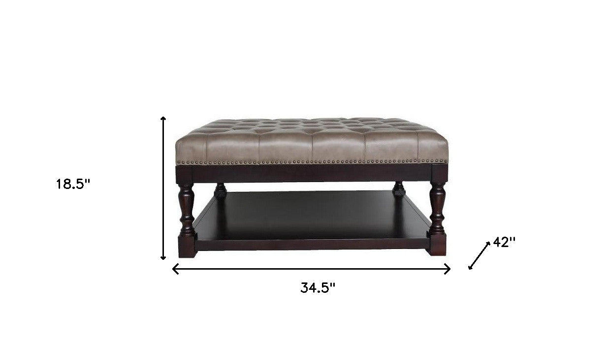 Gray & Dark Brown Leather & Solid Wood Coffee Table