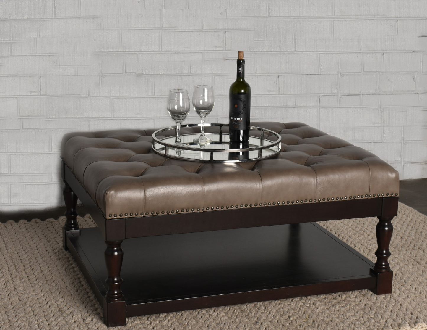 Gray & Dark Brown Leather & Solid Wood Coffee Table