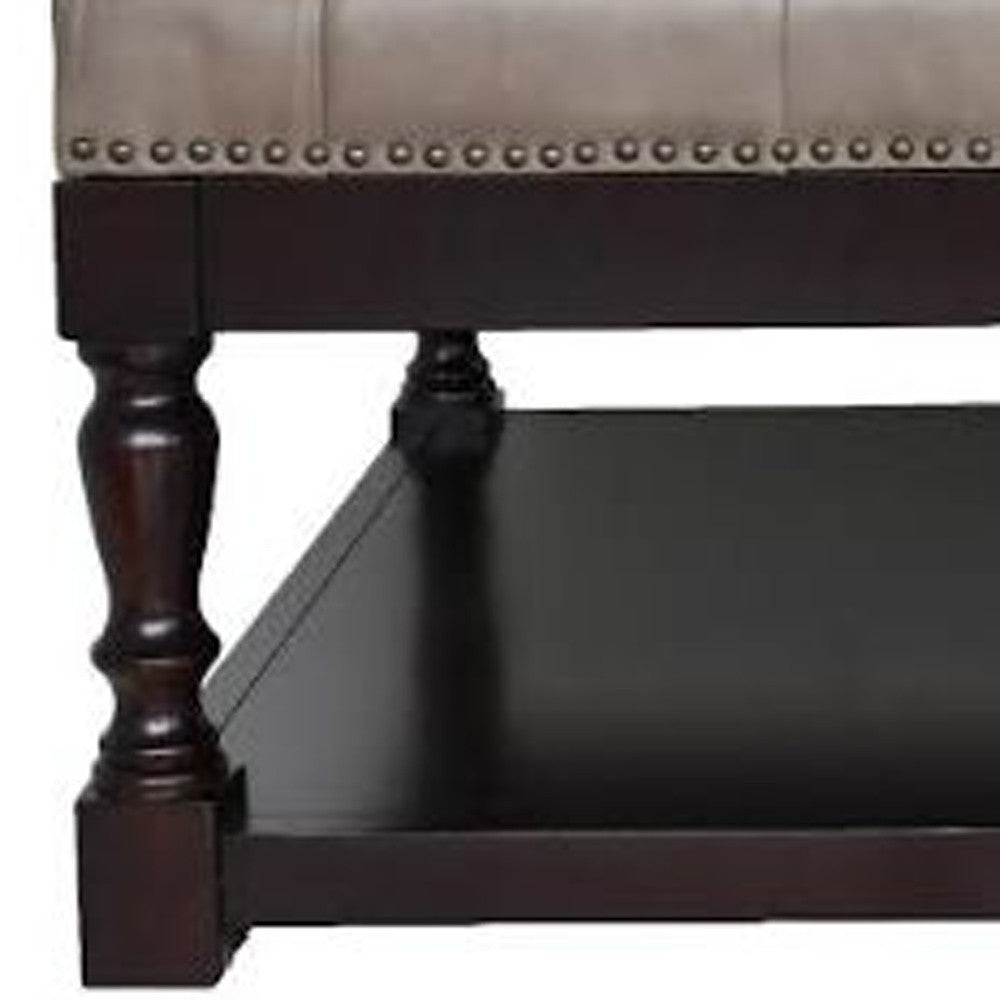 Gray & Dark Brown Leather & Solid Wood Coffee Table