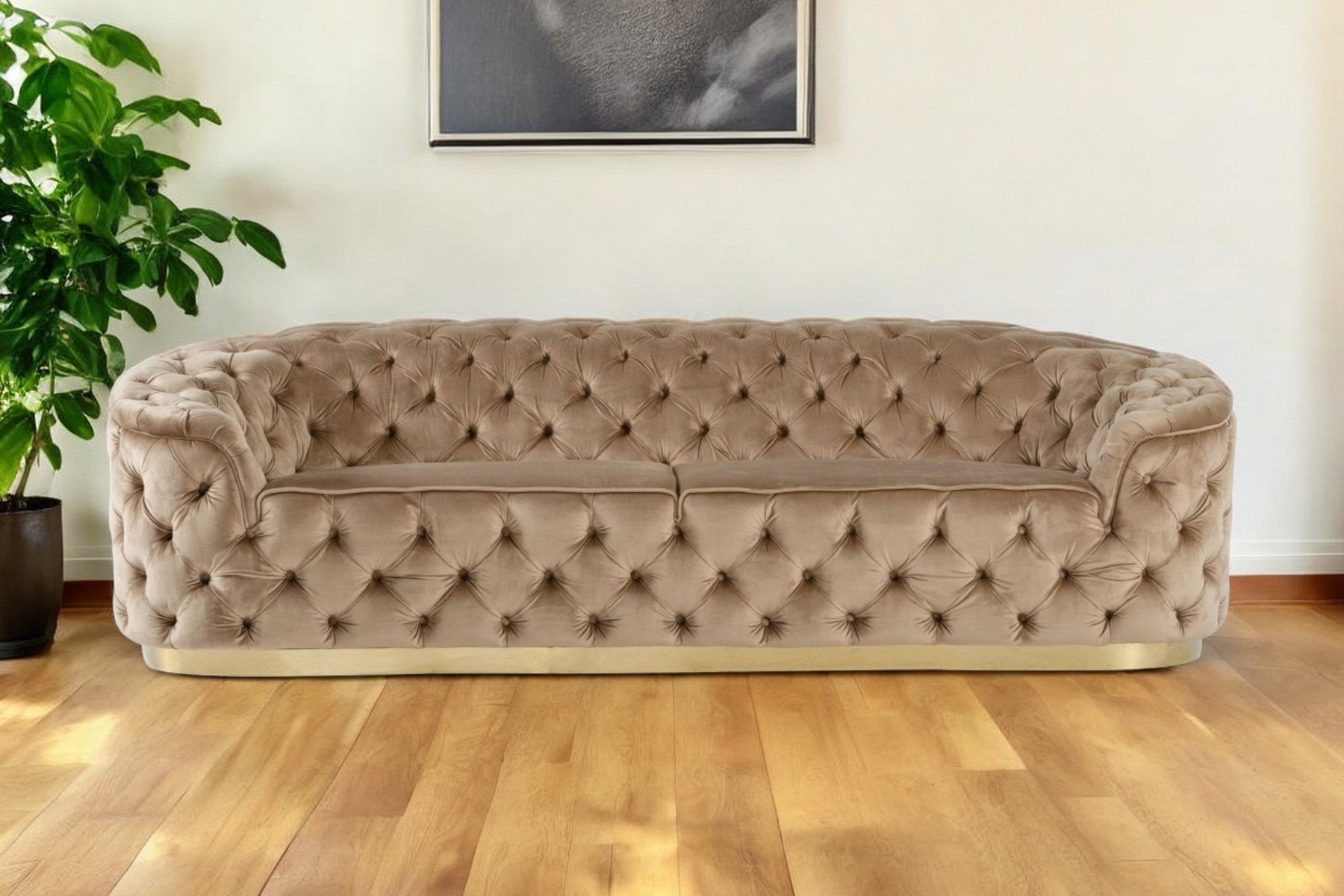 Beige Velvet Sofa With Gold Legs