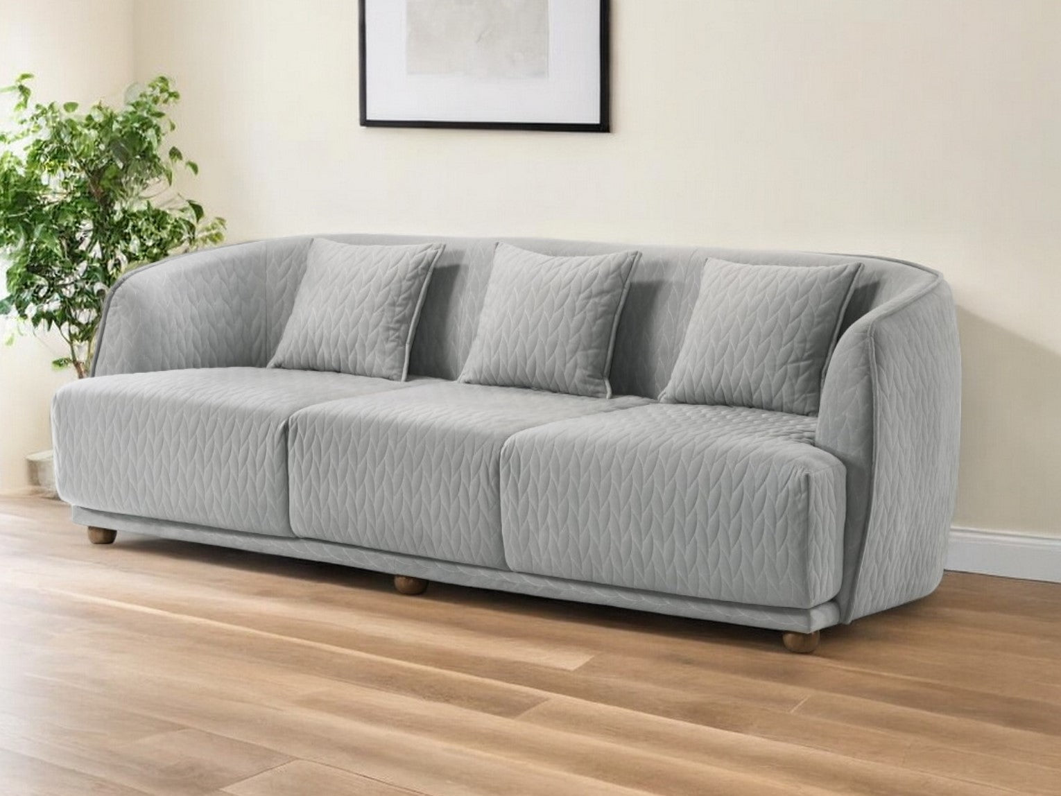 Gray Geometric Sofa & Toss Pillows With Brown Legs