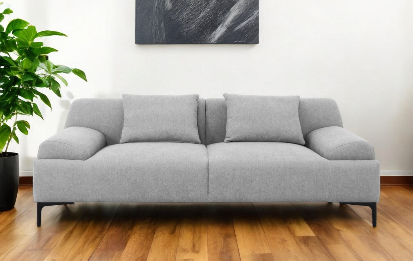Gray Sofa & Toss Pillows With Black Legs