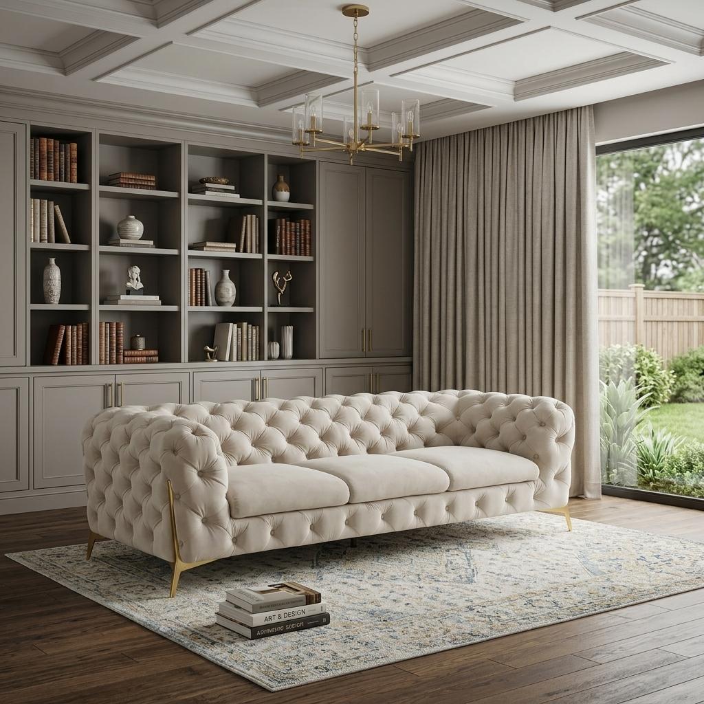 Beige Velvet Sofa With Gold Legs