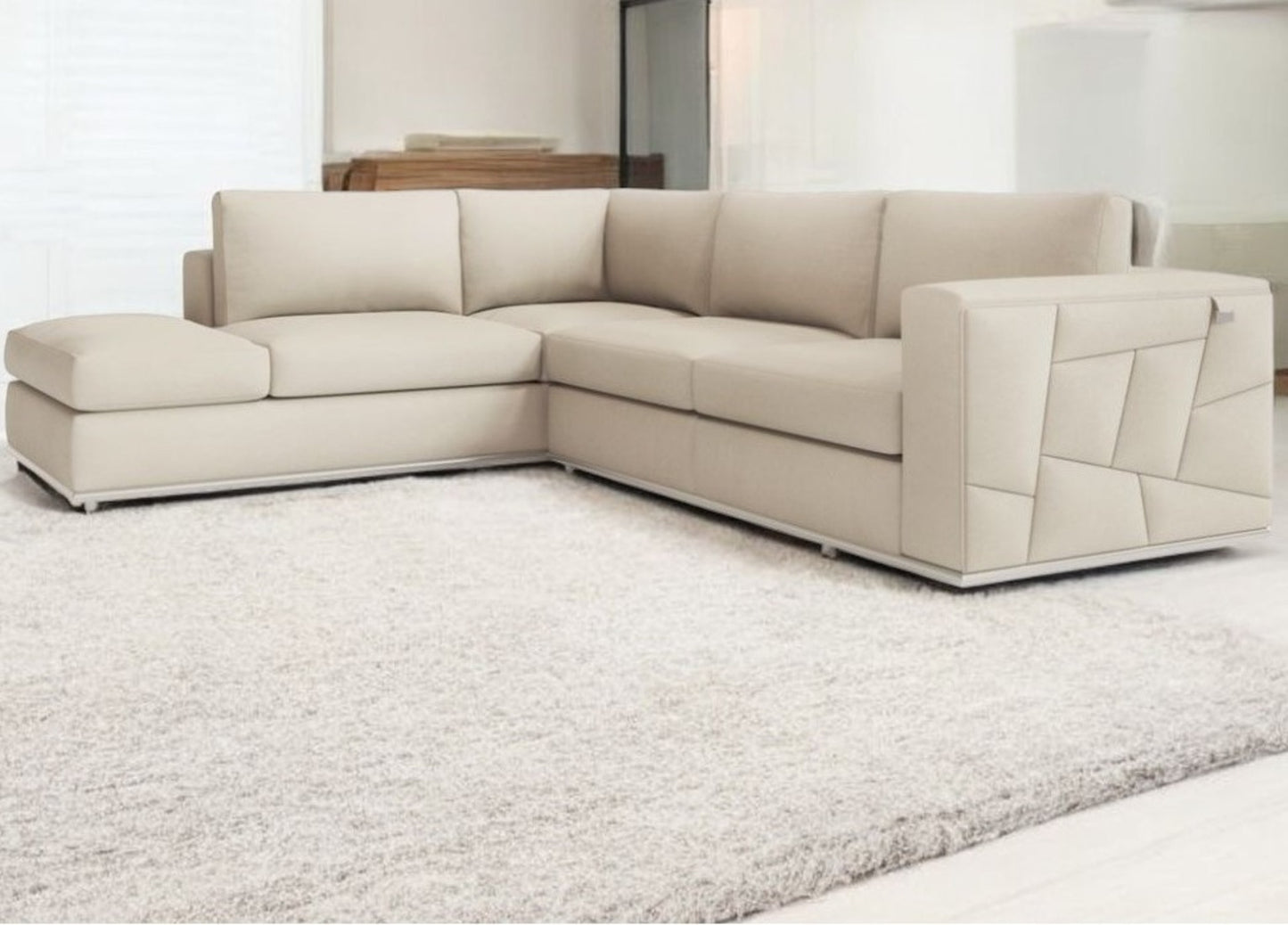 Beige Italian Leather L Shaped 2 Piece Sectional