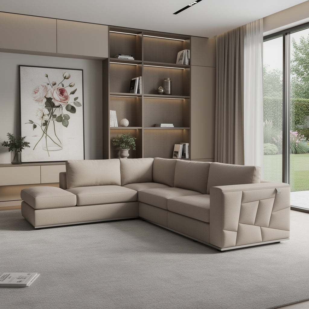 Beige Italian Leather L Shaped 2 Piece Sectional