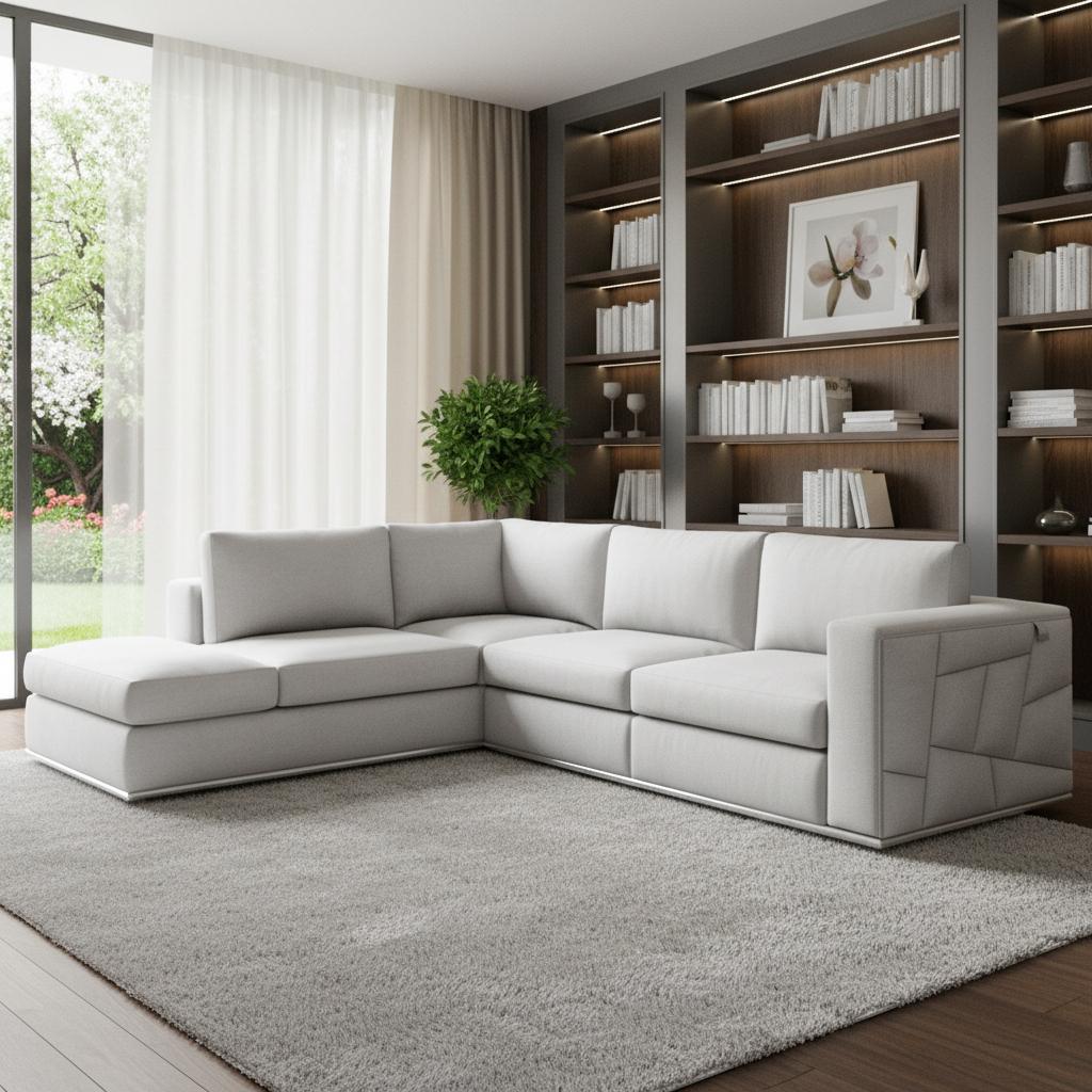 White Italian Leather L Shaped 2 Piece Sectional