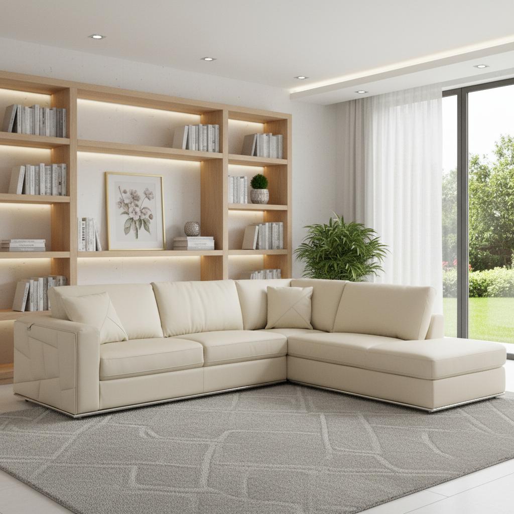 Beige Italian Leather L Shaped 2 Piece Sectional