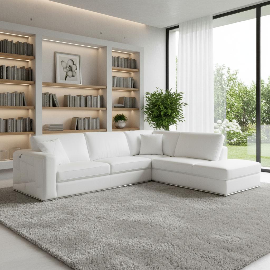White Italian Leather L Shaped 2 Piece Sectional