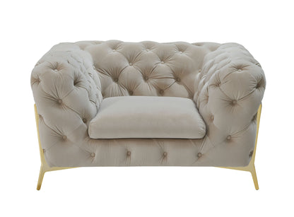 Beige & Gold Velvet Tufted Lounge Chair