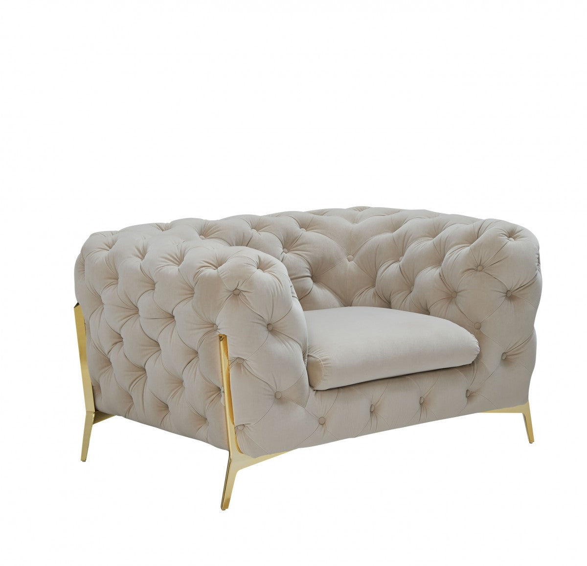 Beige & Gold Velvet Tufted Lounge Chair