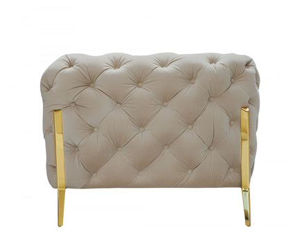 Beige & Gold Velvet Tufted Lounge Chair