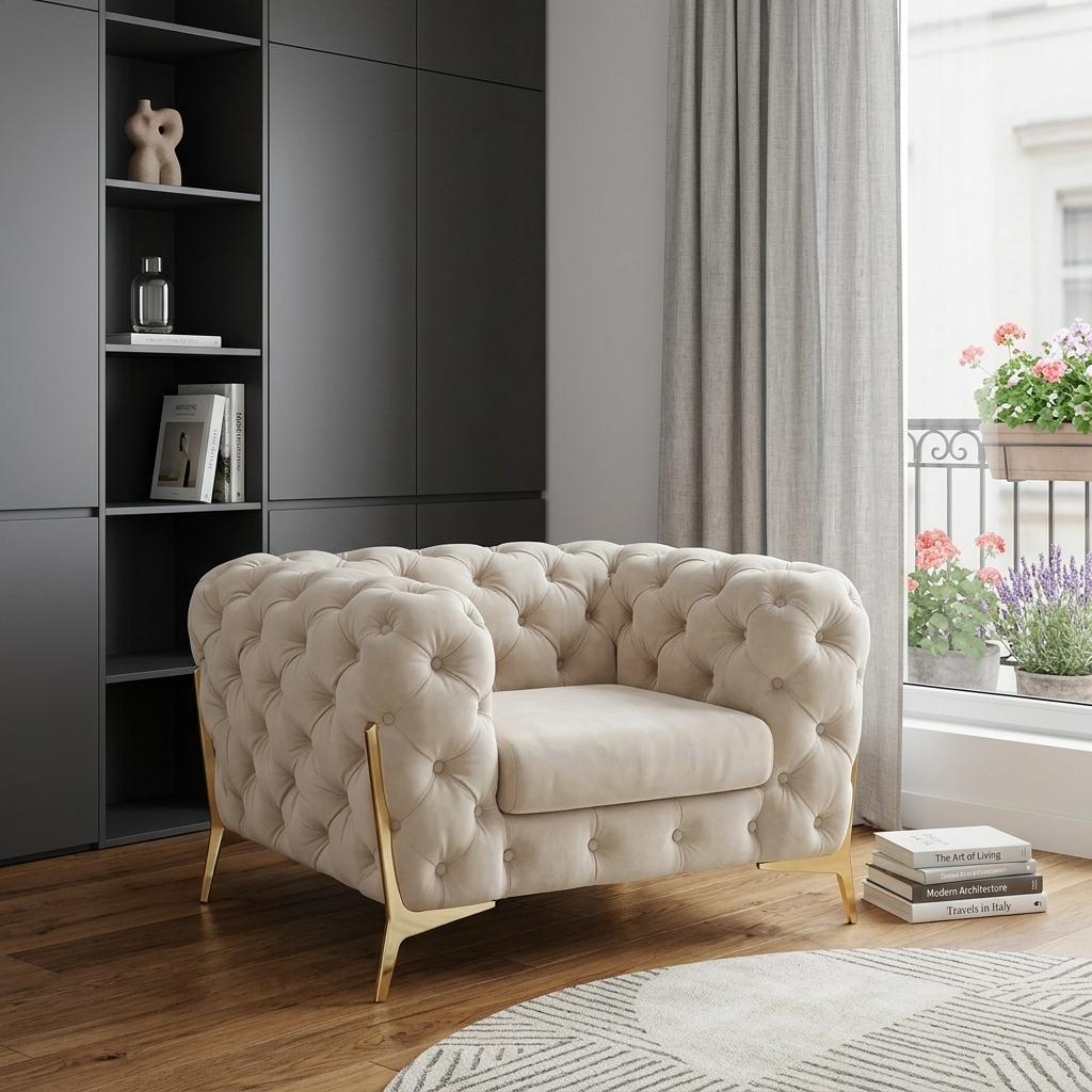 Beige & Gold Velvet Tufted Lounge Chair