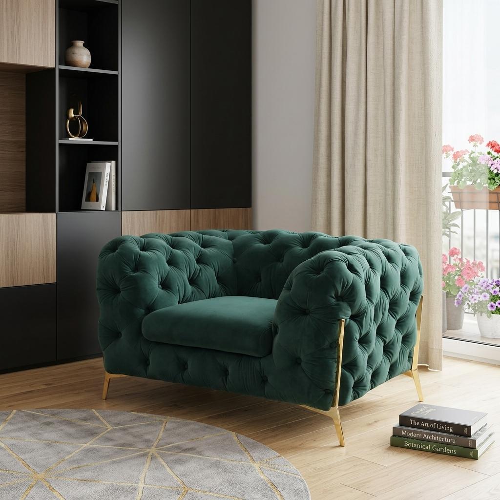 Green & Gold Velvet Tufted Club Chair