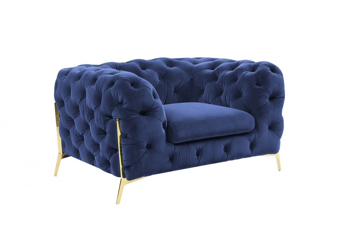 Blue & Gold Velvet Tufted Lounge Chair