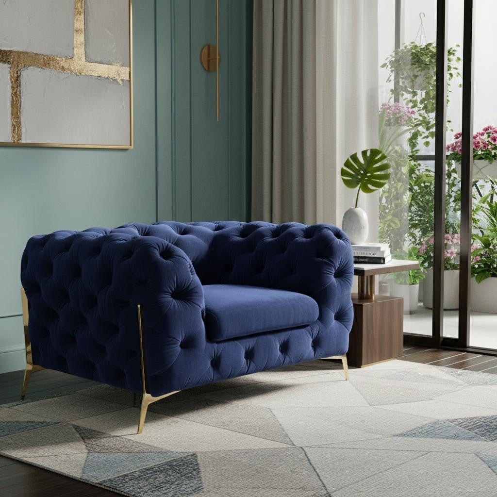 Blue & Gold Velvet Tufted Lounge Chair
