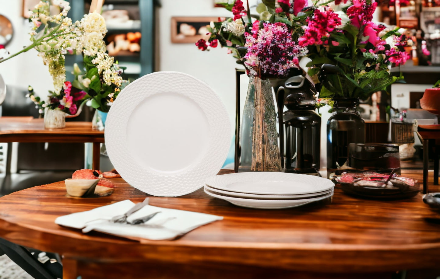 White 4-Piece Weave Stoneware Set of 4 Dinner Plate Set