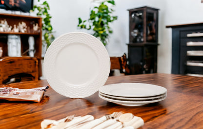 White 4-Piece Round Weave Stoneware Set of 4 Salad Plate Set