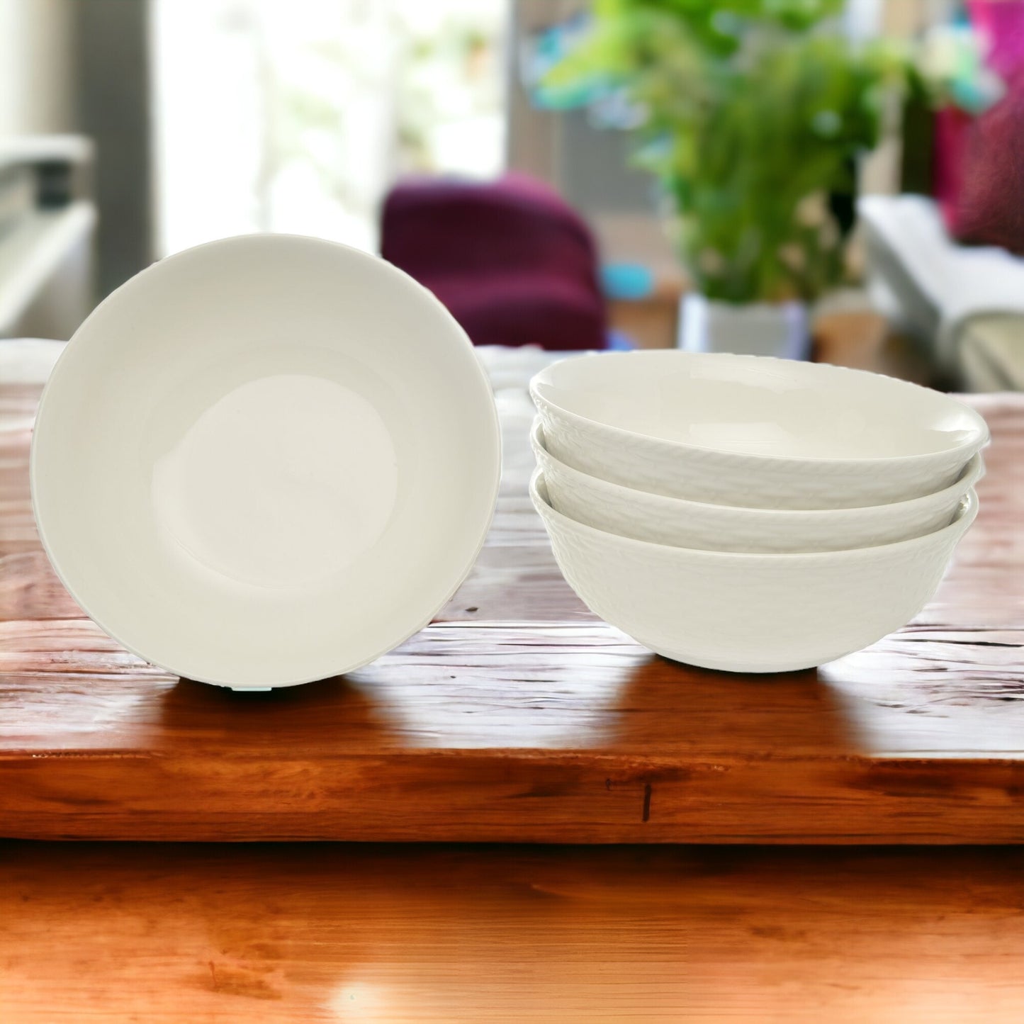 White 4-Piece Round Weave Stoneware Set of 4 Bowl Set