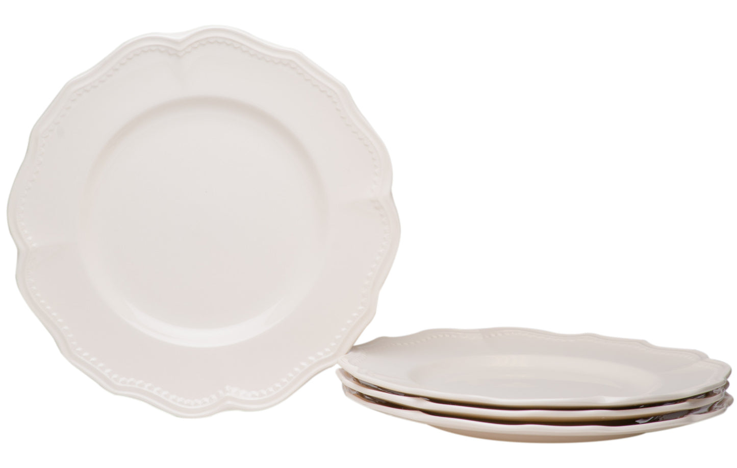 White 4-Piece Scallop Stoneware Set of 4 Dinner Plate Set